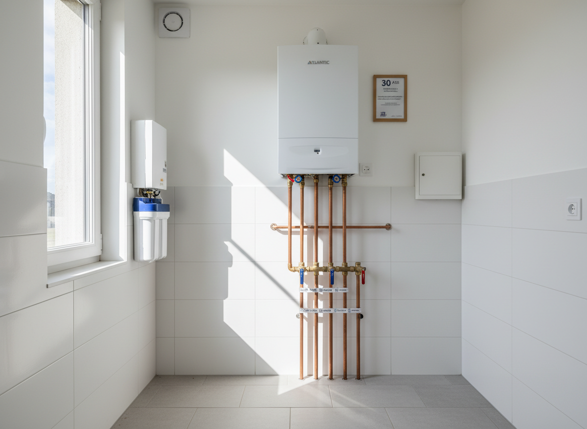 A modern, meticulously installed heating system in a bright, newly renovated French home utility room in Beauvoir-sur-Mer. The main focus is a pristine white wall-mounted condensing gas boiler with clearly organized copper pipes, shiny brass fittings, and neatly labeled valves. Smooth, freshly painted walls and a clean tiled floor emphasize order and professionalism. Natural daylight enters from a side window, creating soft reflections on the metallic surfaces and gentle shadows behind the pipework. Photographic realism, shot at eye level with sharp focus throughout, conveying reliability, precision, and nearly 30 years of artisan expertise in plumbing and heating.