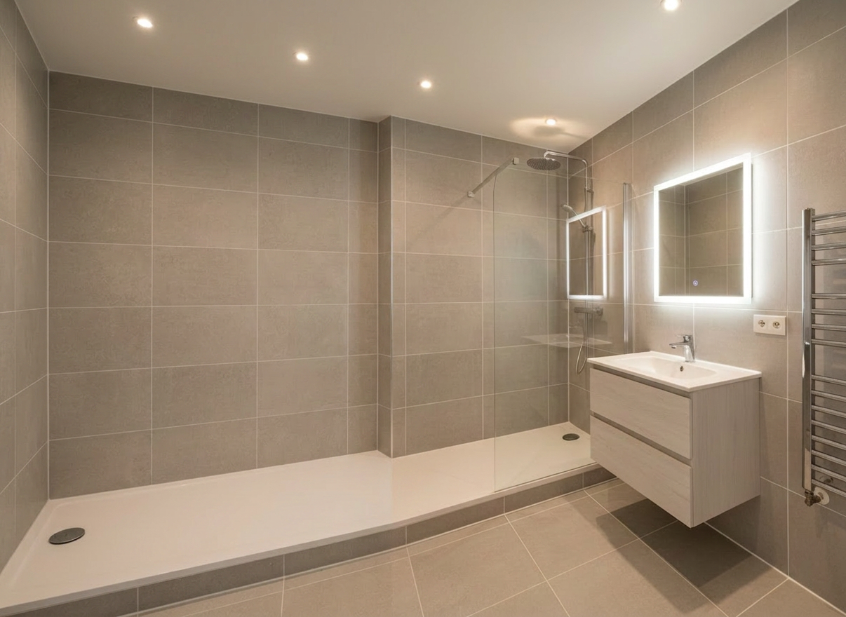 Minimalist bathroom with walk-in shower, floating vanity, and backlit mirror